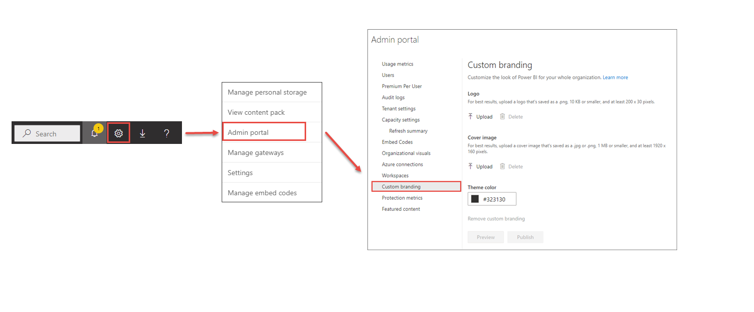 Screenshot showing how to get to custom branding settings.
