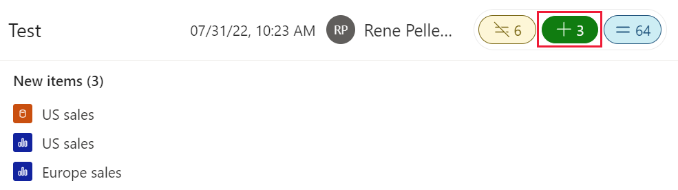 部署管道历史记录的屏幕截图，其中已选择“新项”图标，并展开了此部署的新项的列表。