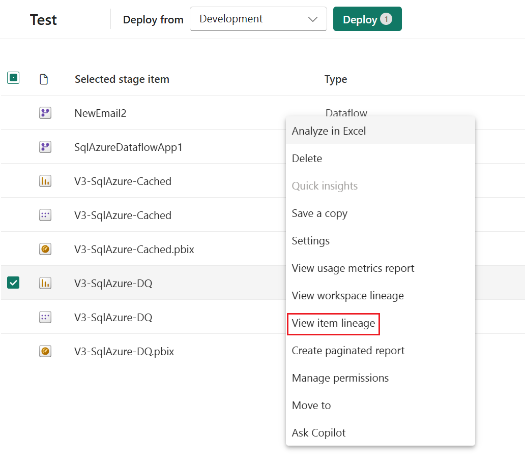 某项的“更多选项”菜单中“查看传承”新选项的屏幕截图。