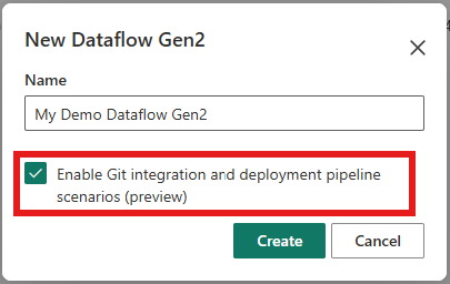 “新建 Dataflow Gen2”窗口的屏幕截图，其中显示已为数据流命名并突出显示和选中了 Git 集成。
