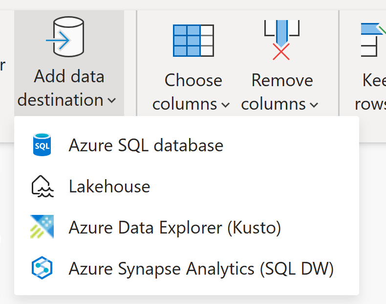 显示支持的数据目标的屏幕截图。