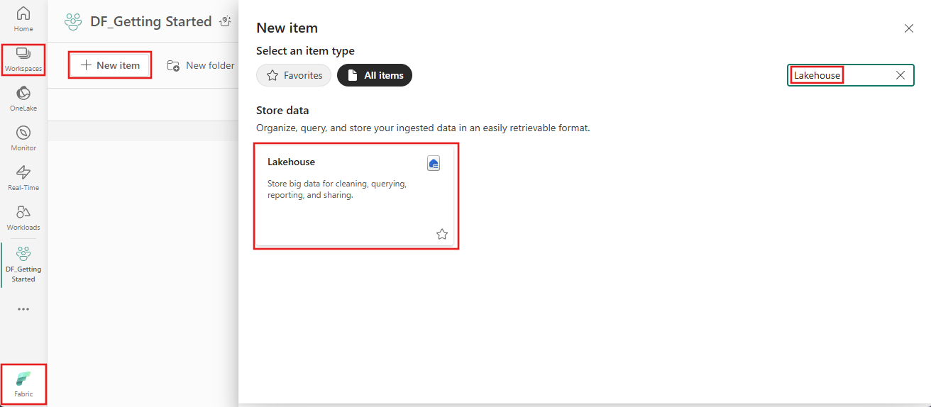 屏幕截图显示如何创建新的 Lakehouse。