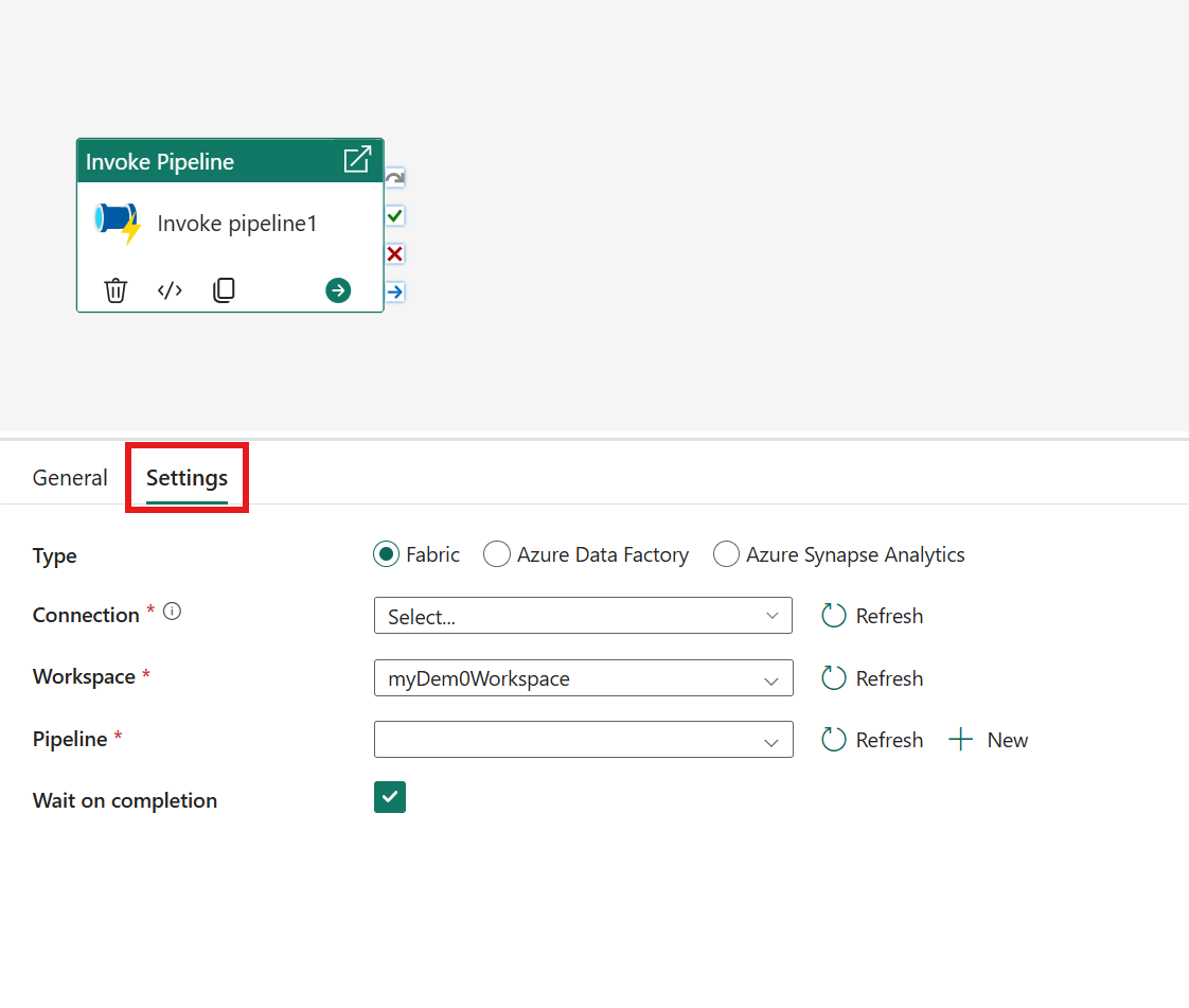 显示管道编辑器窗口的屏幕截图，其中显示了调用管道活动工作区和连接选项。