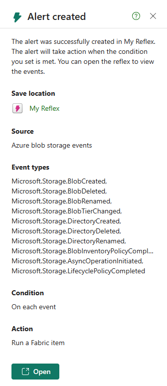 包含警报创建通知的屏幕截图。