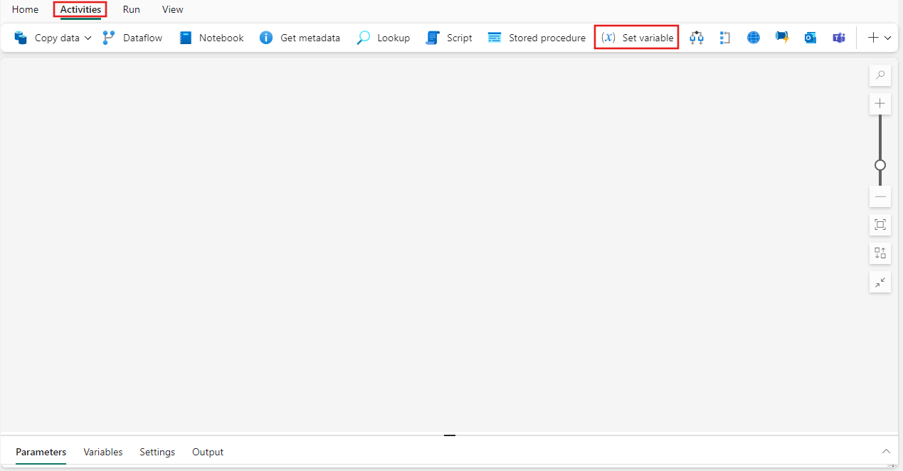Fabric UI 的屏幕截图,其中突出显示了“活动”窗格和“追加变量活动”。