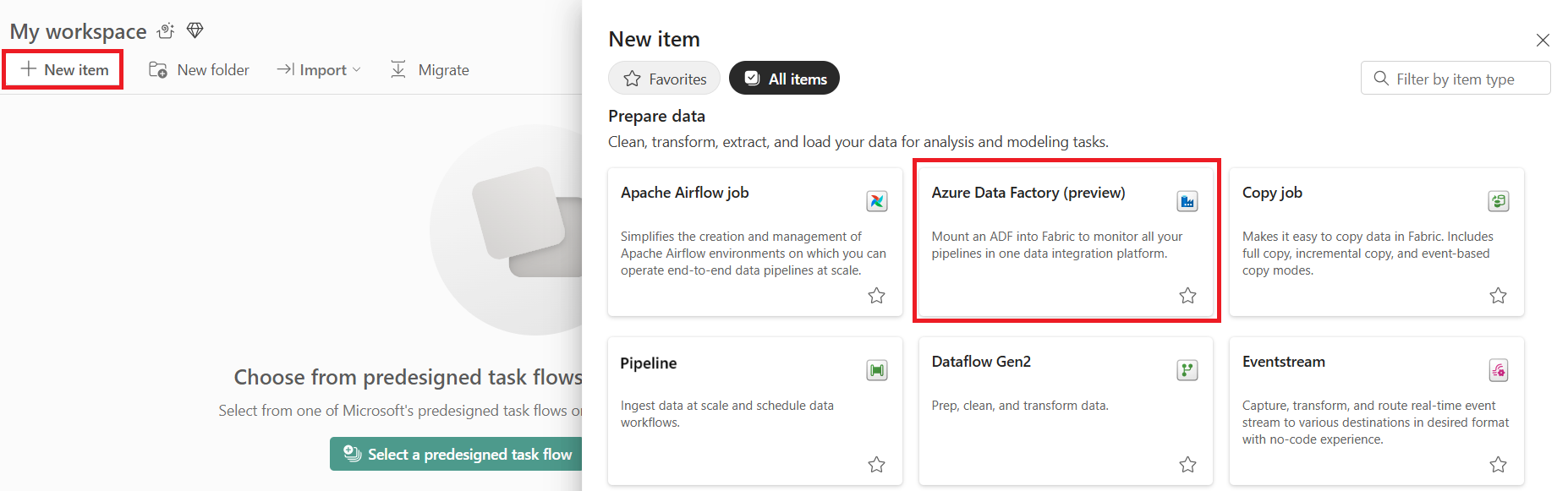 Fabric 入口中 Azure 数据工厂的屏幕截图。