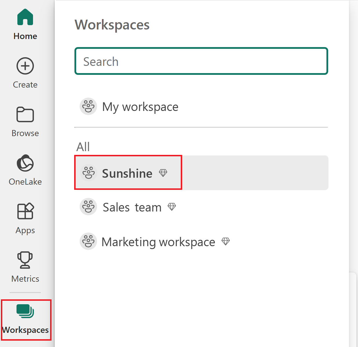 突出显示已启用 Fabric 的工作区的屏幕截图。