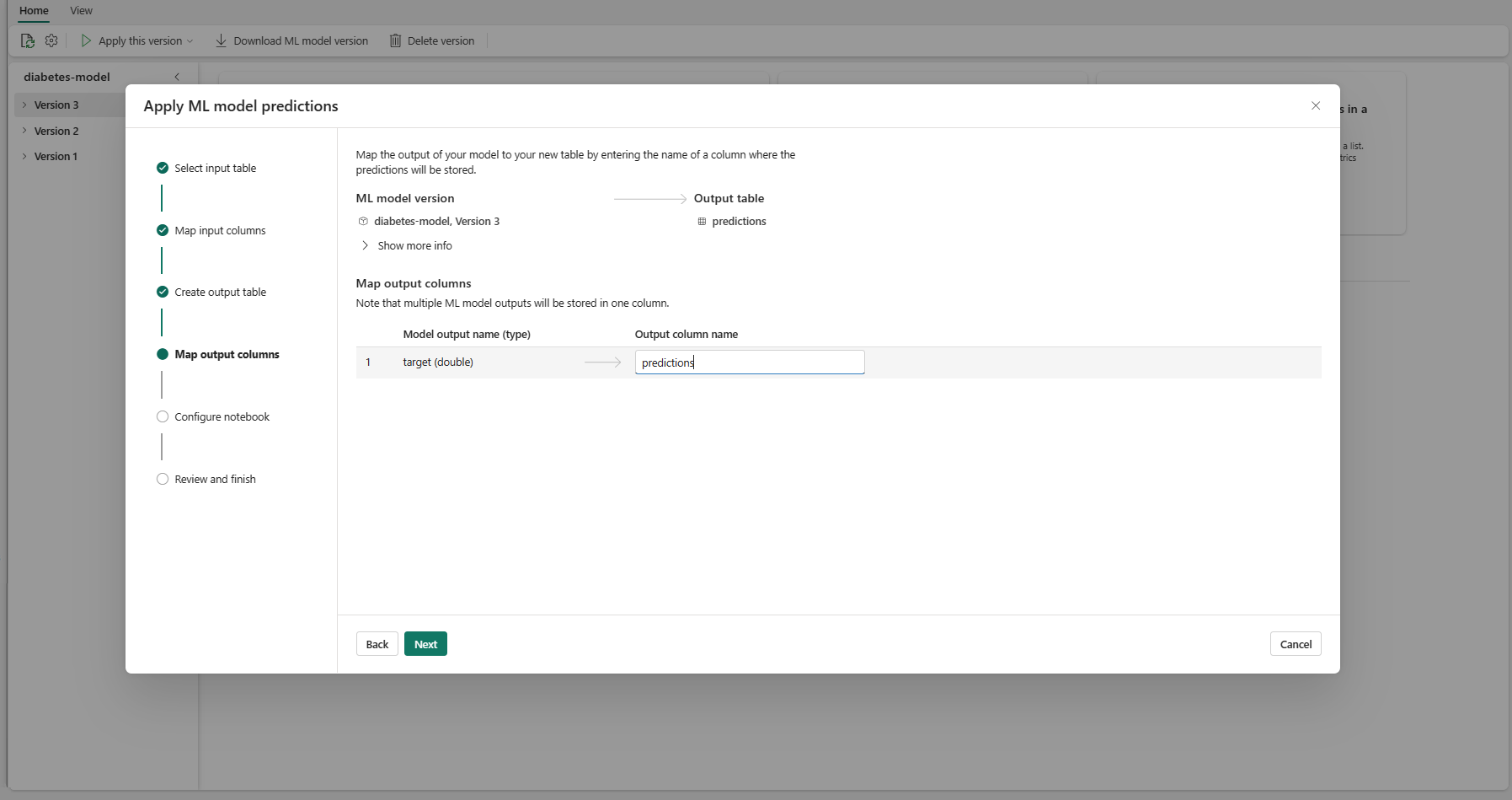 显示映射 ML 模型预测输出列的步骤的屏幕截图。