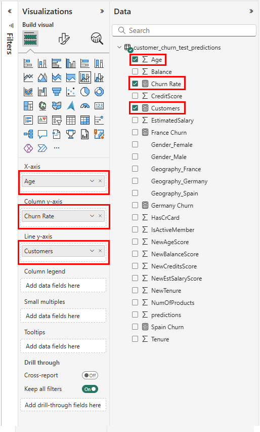 显示选择“数据”窗格和“可视化效果”窗格选项的屏幕截图。