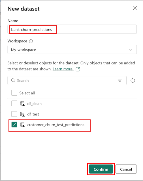 “新建语义模型”对话框的屏幕截图,其中显示了选择正确数据的位置,然后选择“继续”。