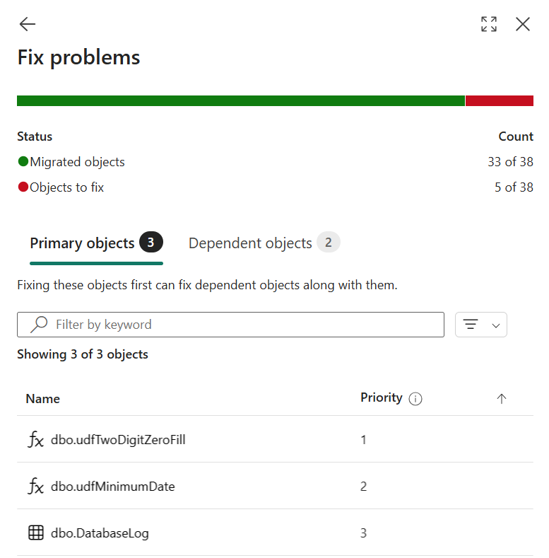 迁移助手“修复问题”列表的 Fabric 门户屏幕截图。