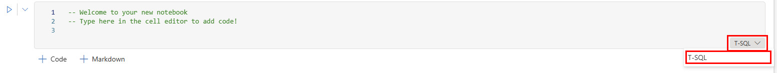 屏幕截图显示了将代码单元语言更改为 T-SQL。