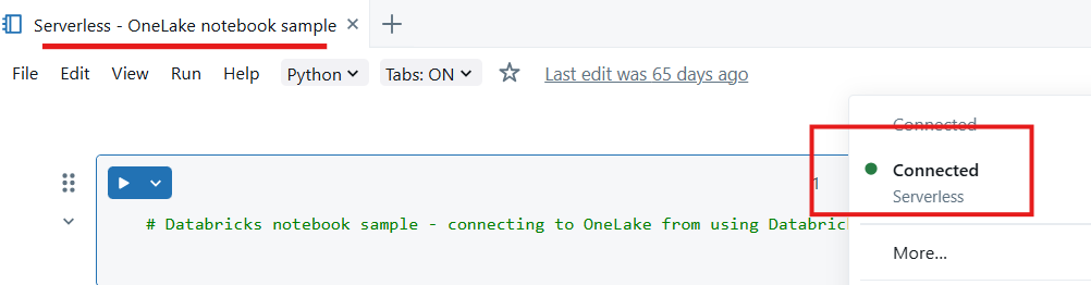 显示如何使用无服务器计算连接 Databricks 笔记本的屏幕截图。