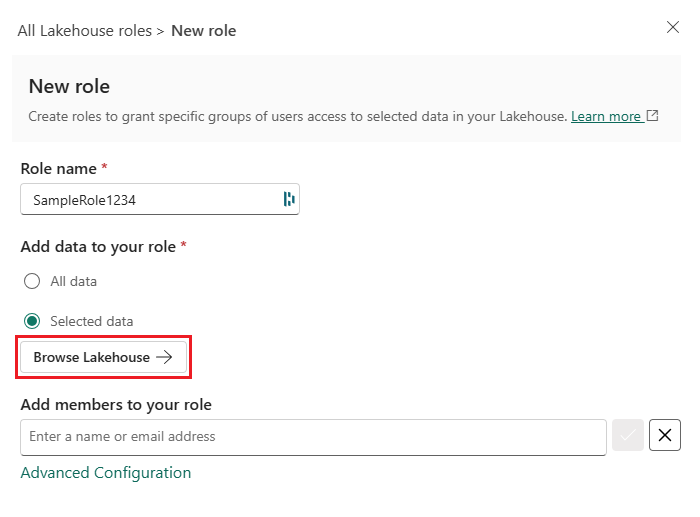 显示用于选择数据的“browse lakehouse”选项的屏幕截图。