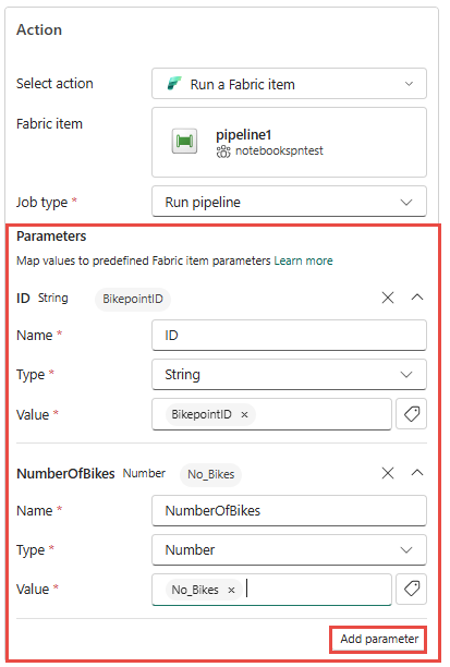 “添加规则”窗格的屏幕截图，其中指定了 Fabric 项的参数。