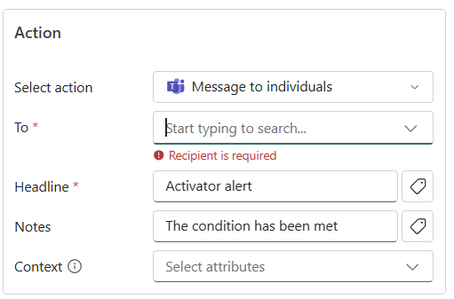 “添加规则”窗格的“发送Microsoft Teams 通知”部分的屏幕截图。
