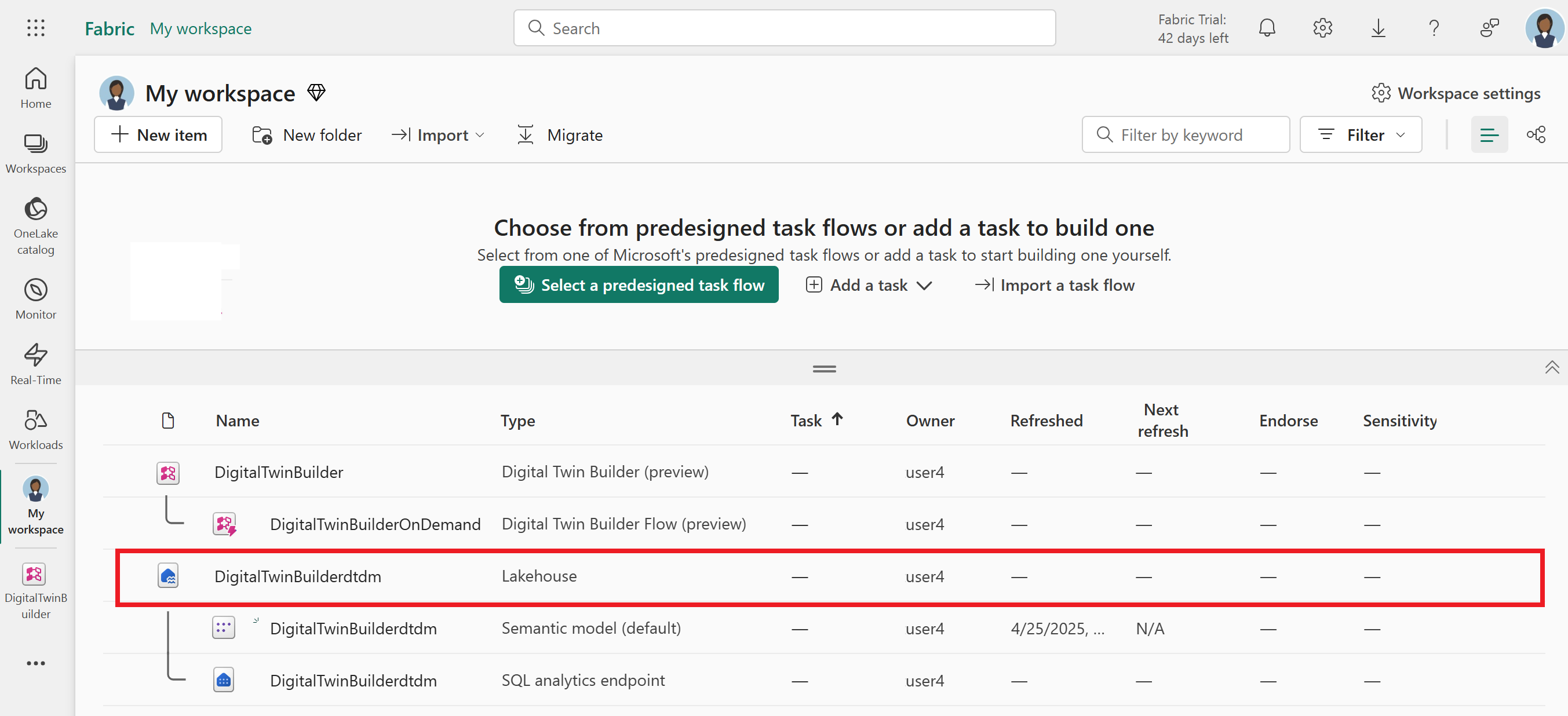 Fabric 工作区中数字孪生构建器数据湖库的屏幕截图。