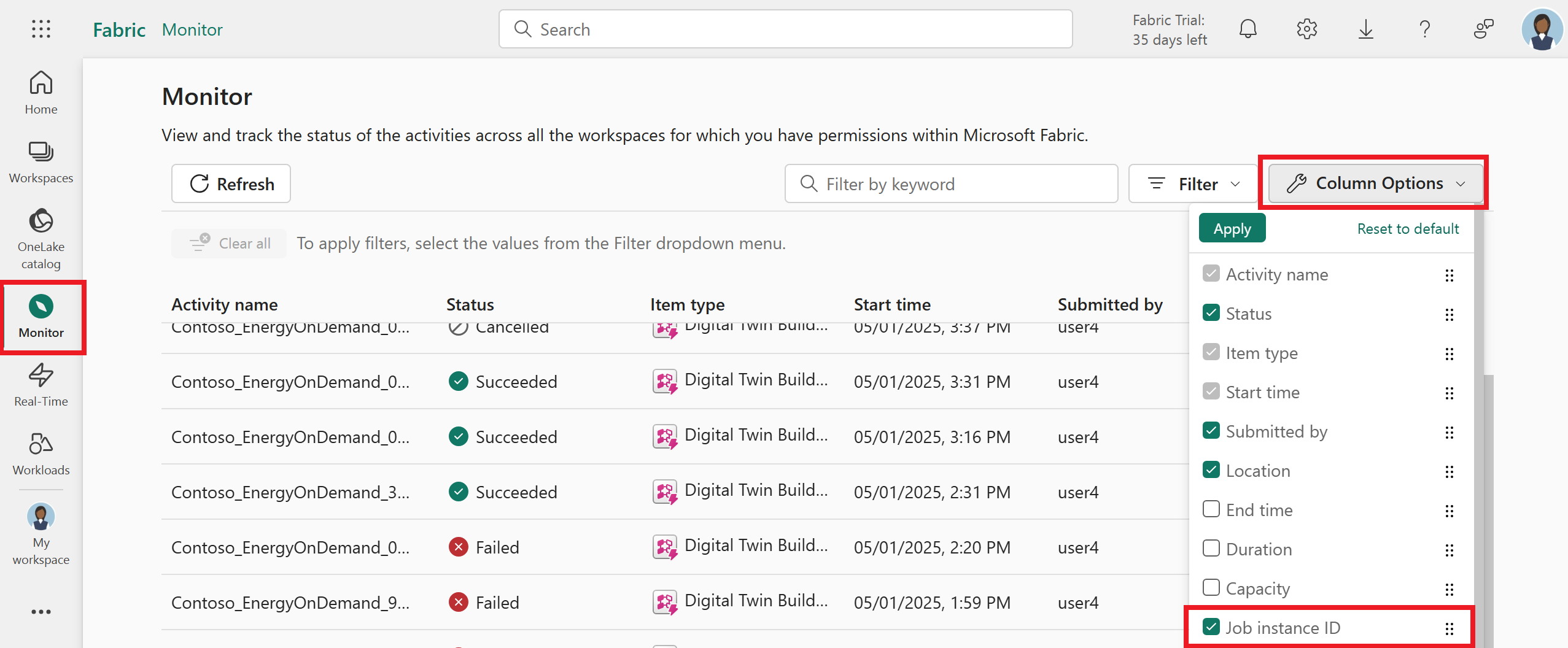在监视中心中添加作业实例 ID 列的屏幕截图。