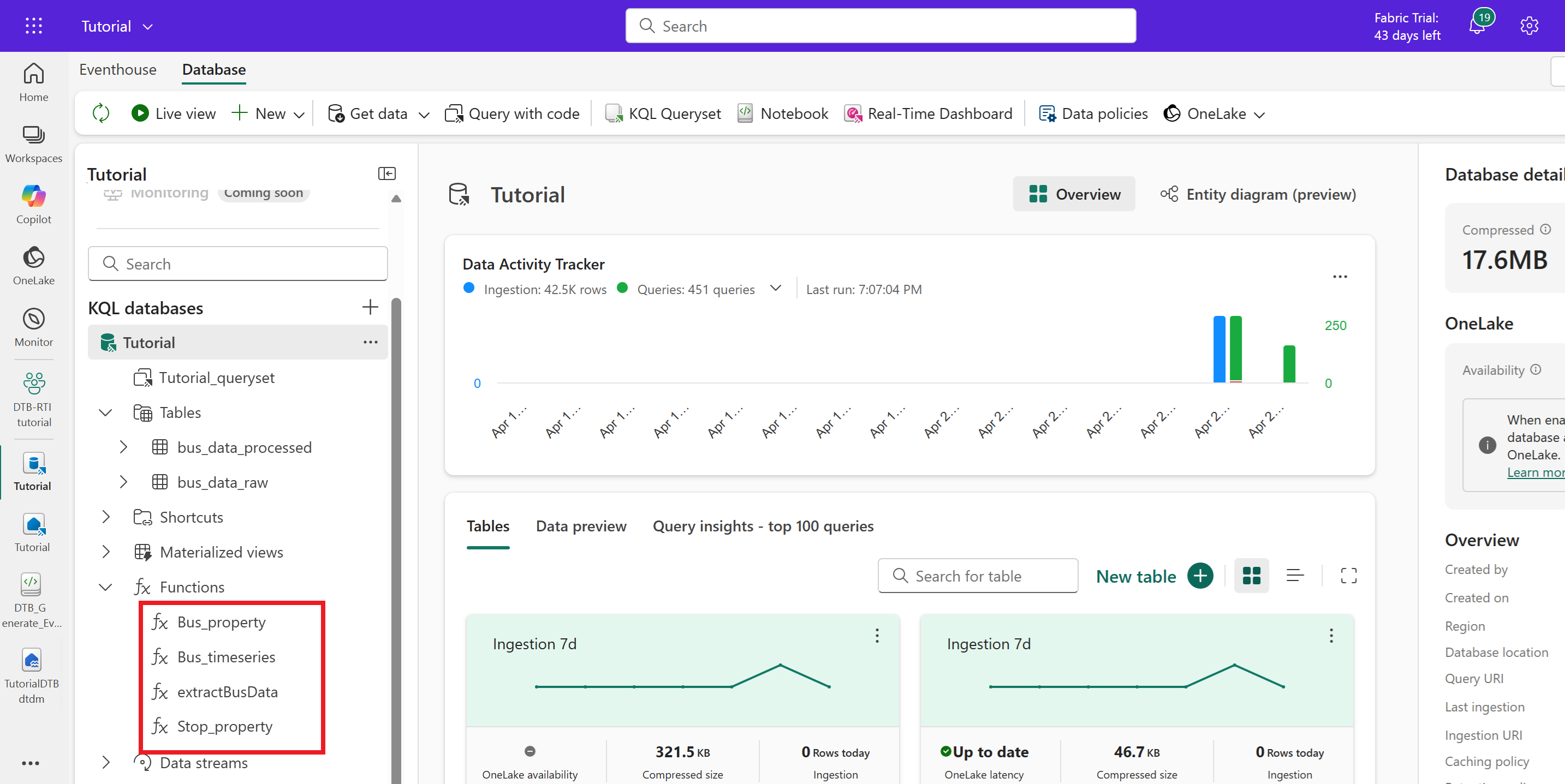 KQL 数据库中函数的屏幕截图。