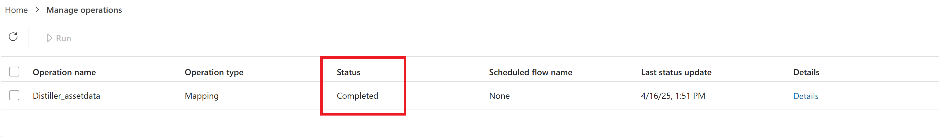 “管理操作”选项卡中具有蒸馏器实体类型映射的屏幕截图。