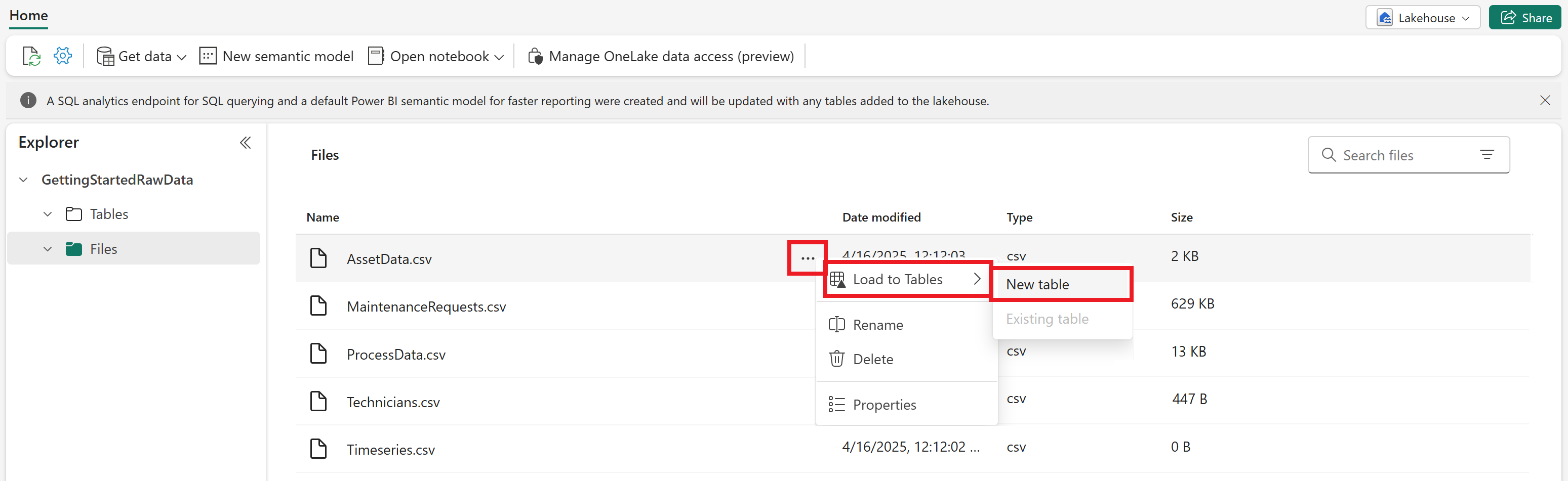 Microsoft Fabric 的屏幕截图，选择“加载到表”选项。