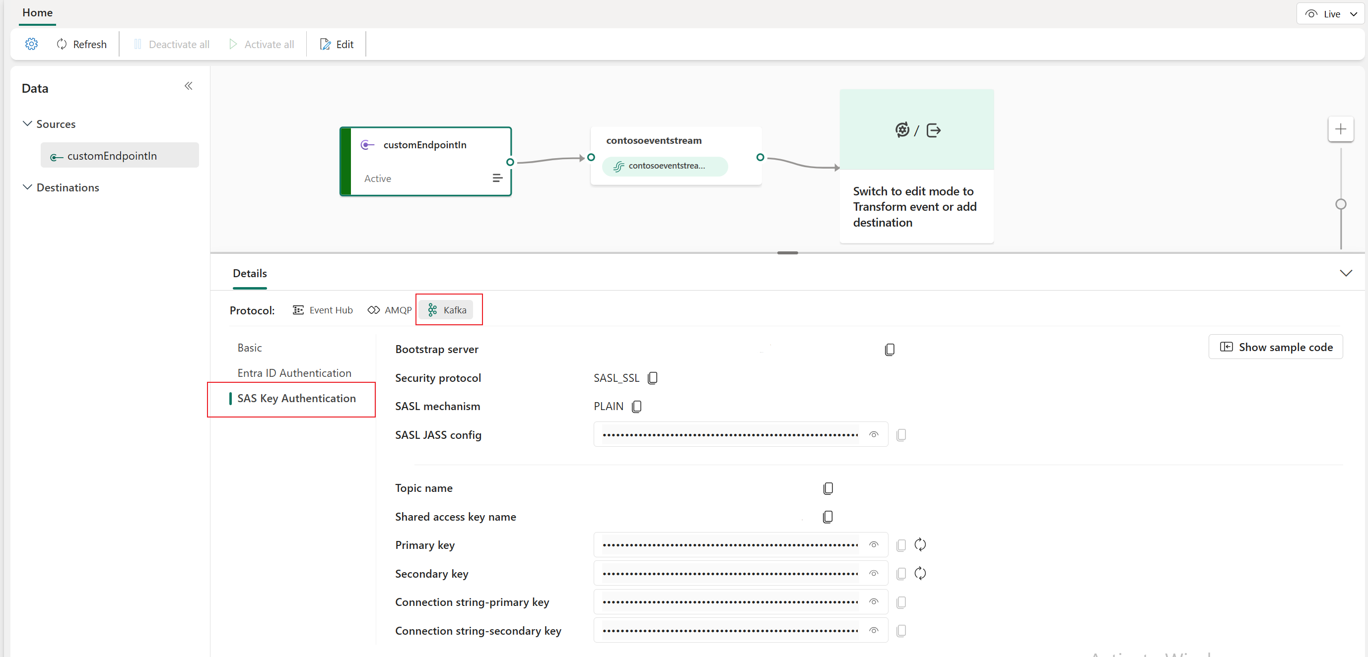 屏幕截图显示事件流实时视图的“详细信息”窗格上的 Kafka 密钥。