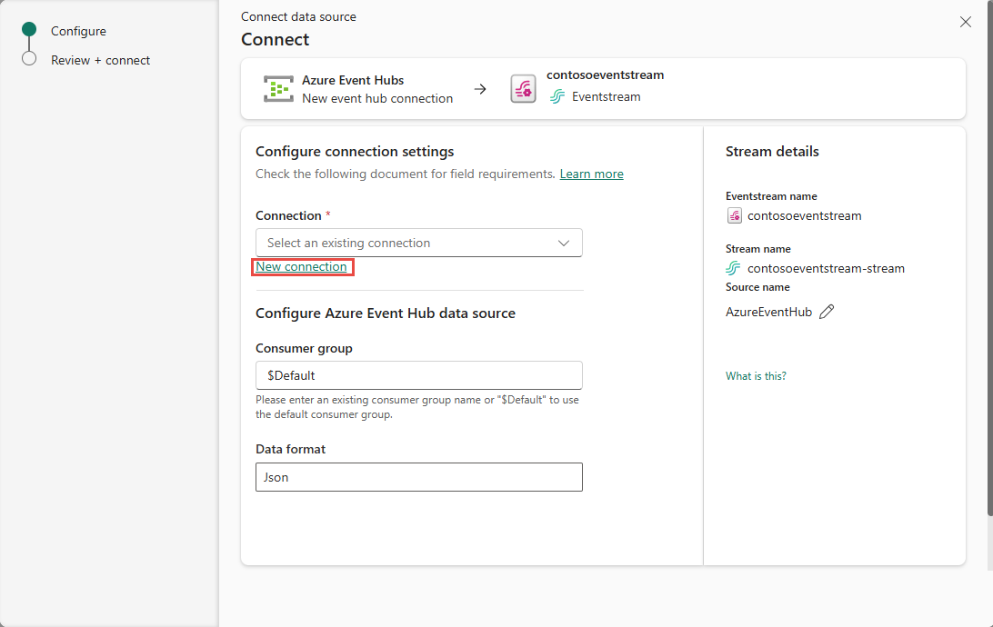 屏幕截图显示“连接数据源”页,其中选择了“新建连接”链接。