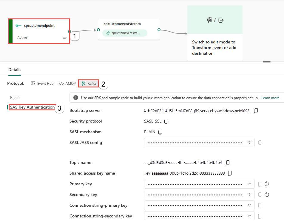 显示 Kafka 密钥和示例代码的屏幕截图。