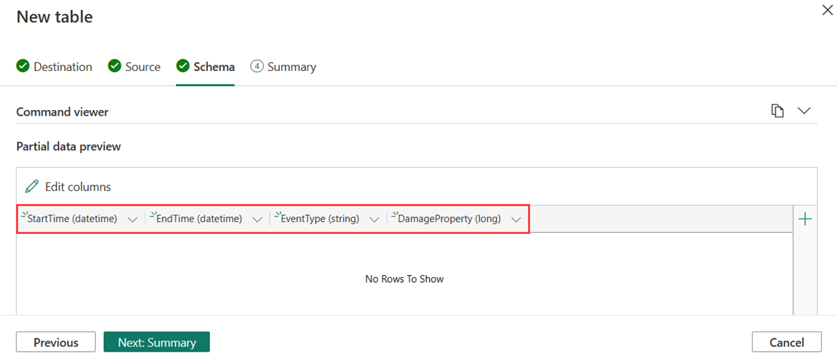 “架构”选项卡的屏幕截图,显示了“部分数据预览”下添加的列。列名称被突出显示。