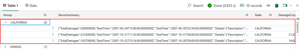 在 KQL 查询集中,展开加利福尼亚组的查询结果网格的屏幕截图。