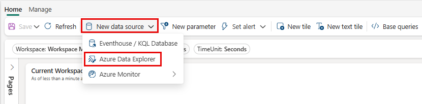 数据源菜单的屏幕截图，其中突出显示了 Azure 数据资源管理器的可选数据源列表。