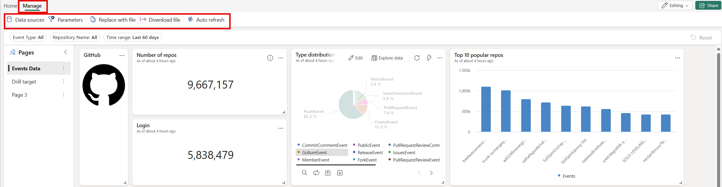 “管理”选项卡下的工具栏选项的屏幕截图。