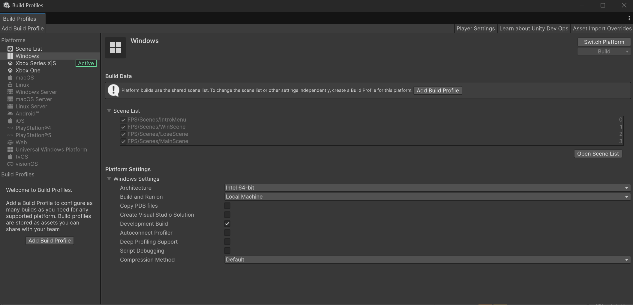 查看 Unity 6 中的每个平台生成配置文件