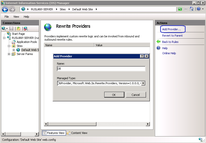 “I S 管理器”页的屏幕截图。将显示“重写提供程序”页。在右侧的“操作”窗格中,突出显示了“添加提供程序”。