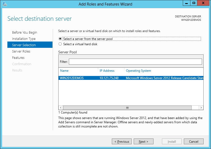 Screenshot of the Add Roles and Features Wizard window. The Select destination server page is in the main pane.