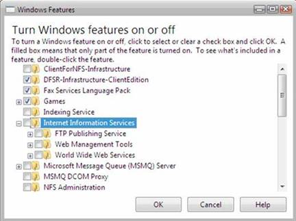 Windows 功能对话框的屏幕截图。Internet Information Services 突出显示。