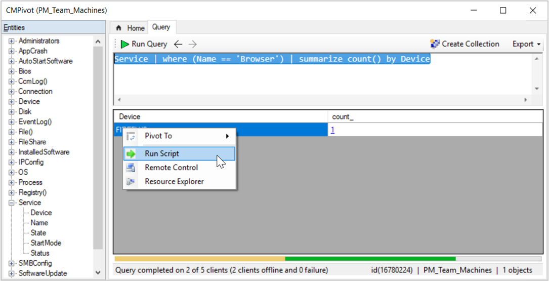 浏览器服务和运行脚本作的 CMPivot 示例