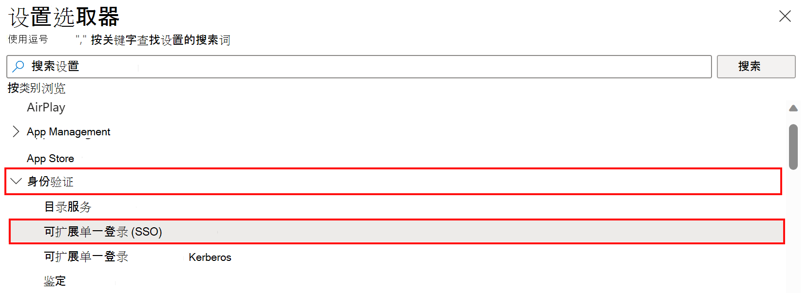 显示“设置目录设置”选取器，并在Microsoft Intune中选择“身份验证和可扩展 SSO”类别的屏幕截图。