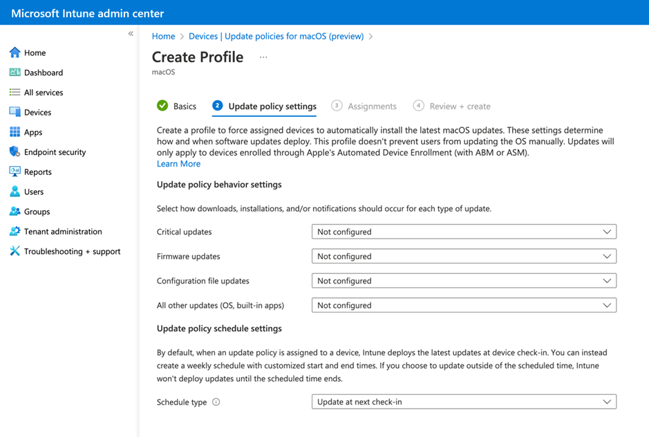 “更新策略设置”页的屏幕截图。