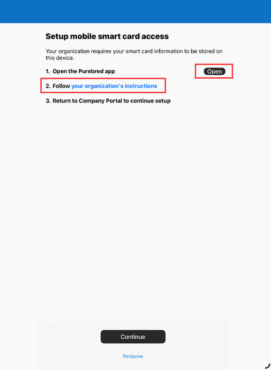 公司门户设置移动智能卡访问屏幕的示例屏幕截图。