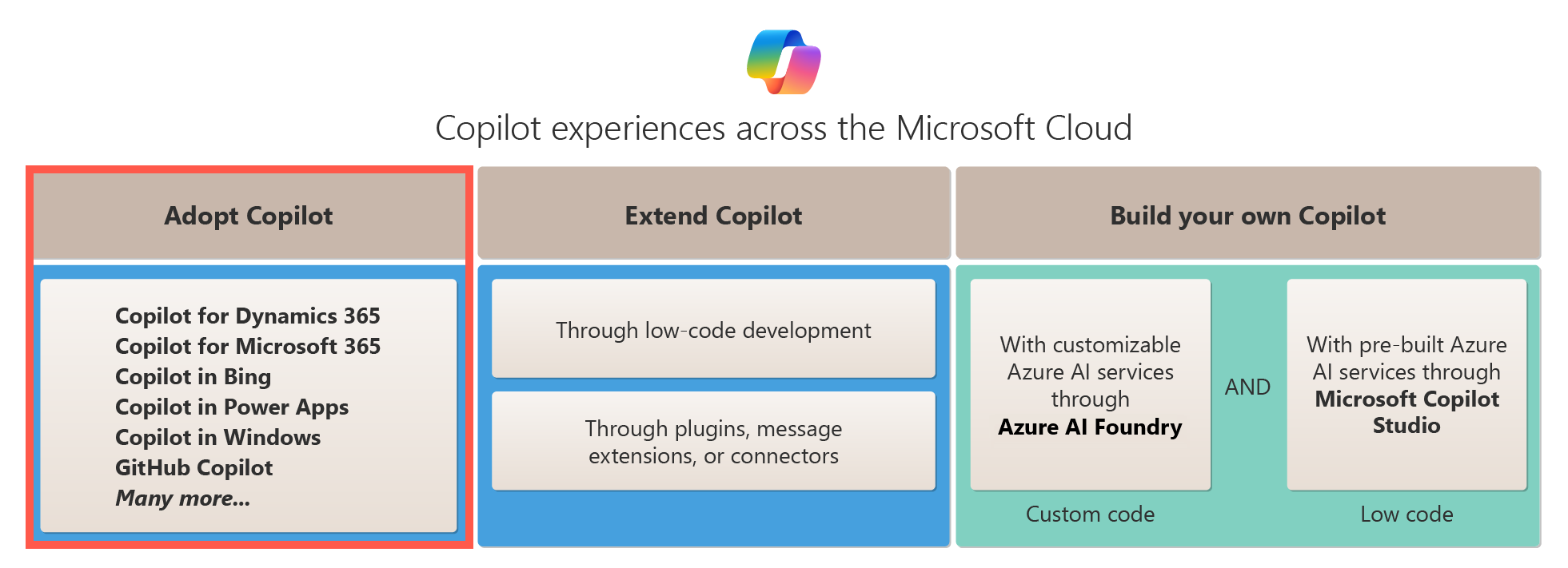 显示 Microsoft 云中的 Copilot 采用选项的关系图。