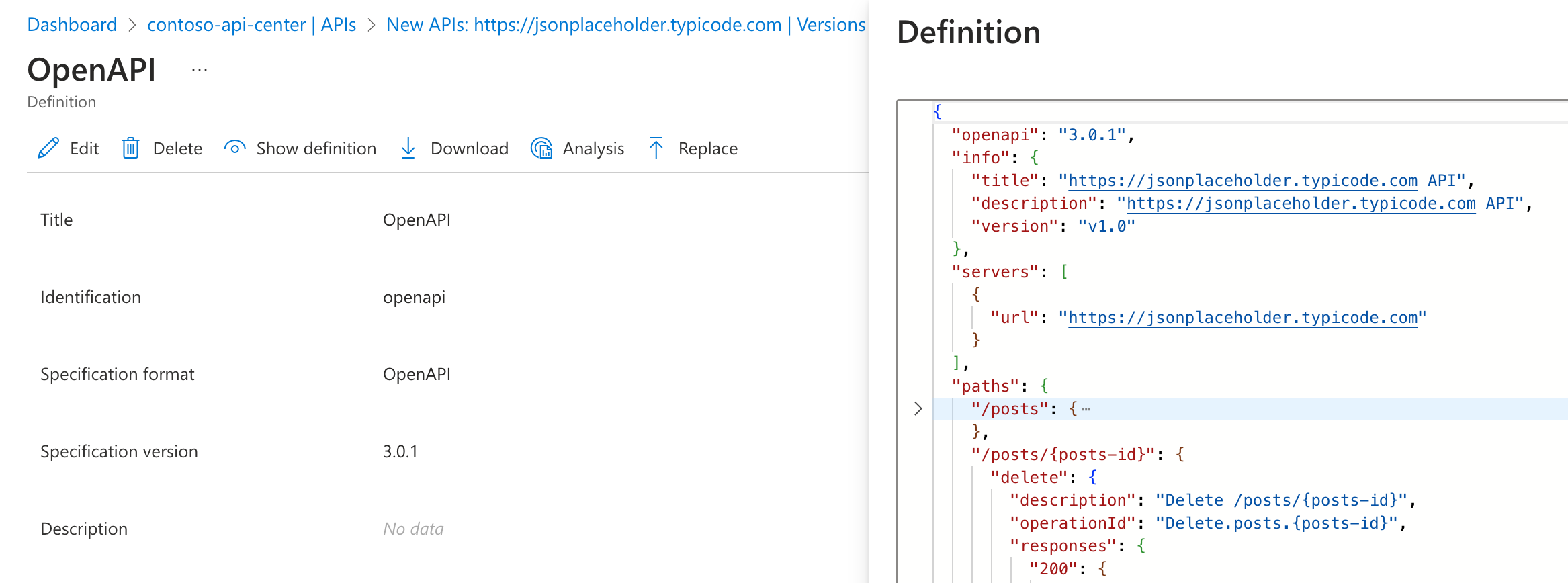 Azure API 中心的屏幕截图,其中显示新载入的 API 与 OpenAPI 规范。