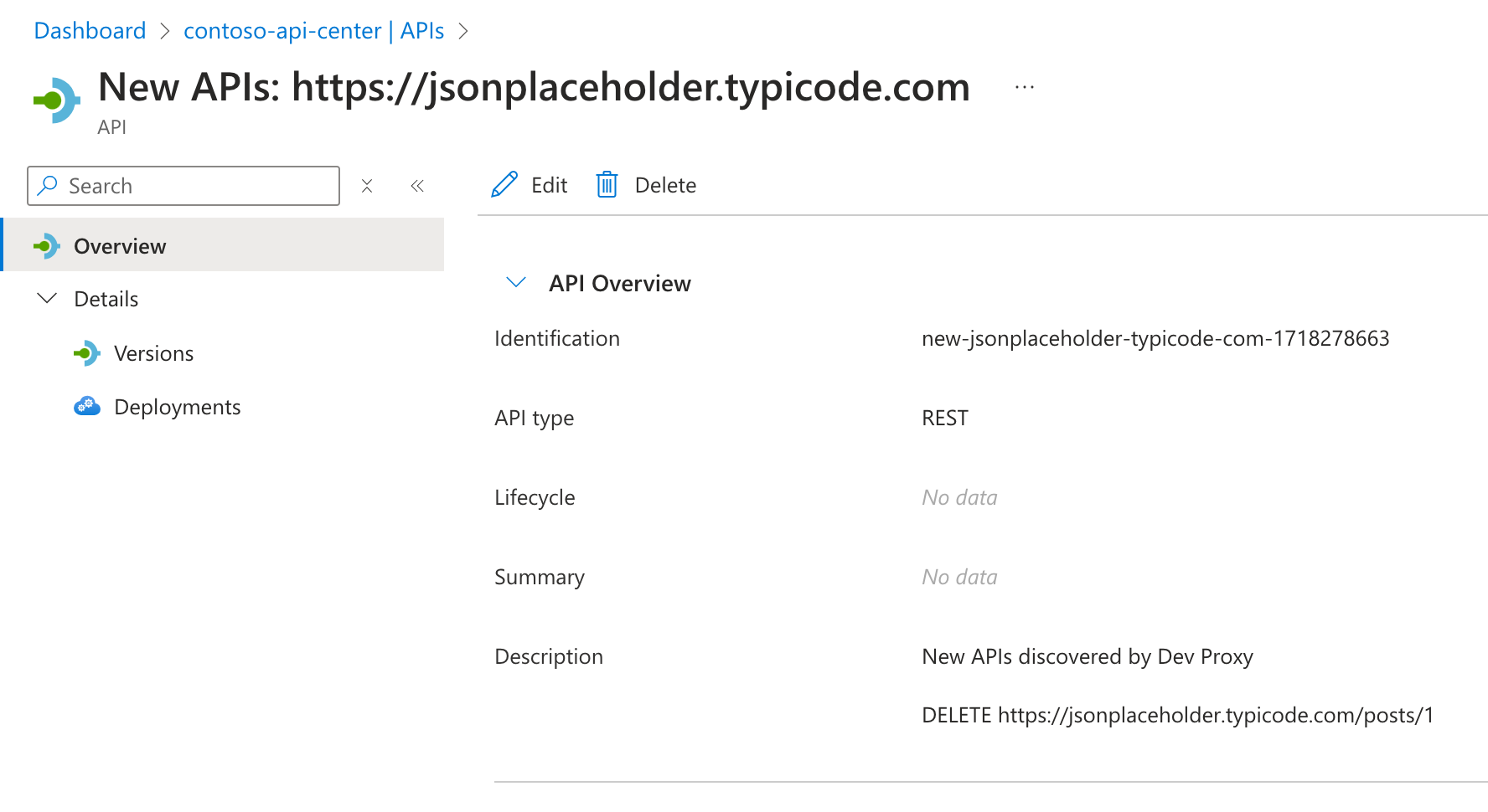 API 中心的屏幕截图,其中显示新载入的 API。