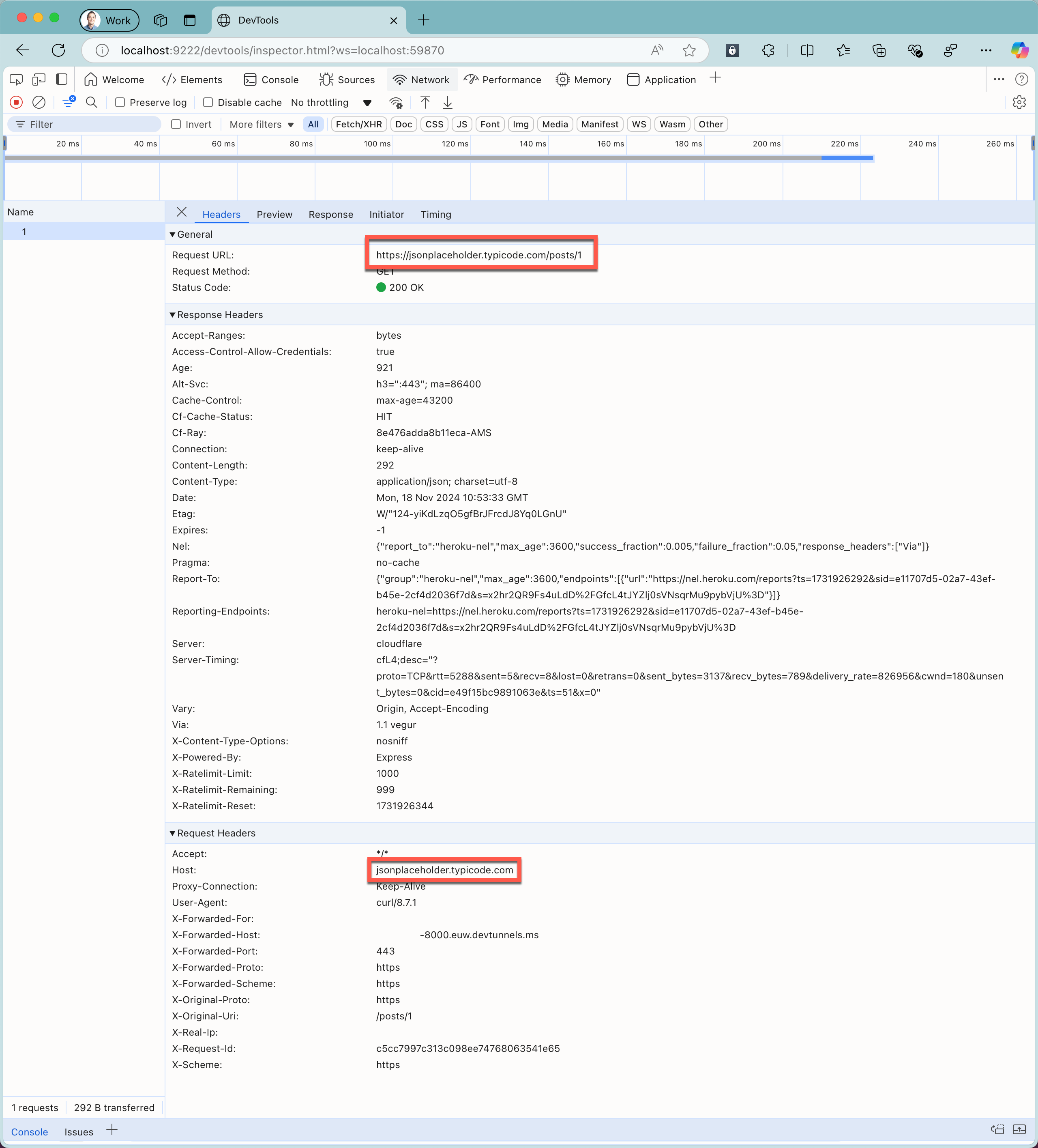 带有开发代理检查工具的 Web 浏览器的屏幕截图,其中显示了截获的带有云 API URL 的请求。