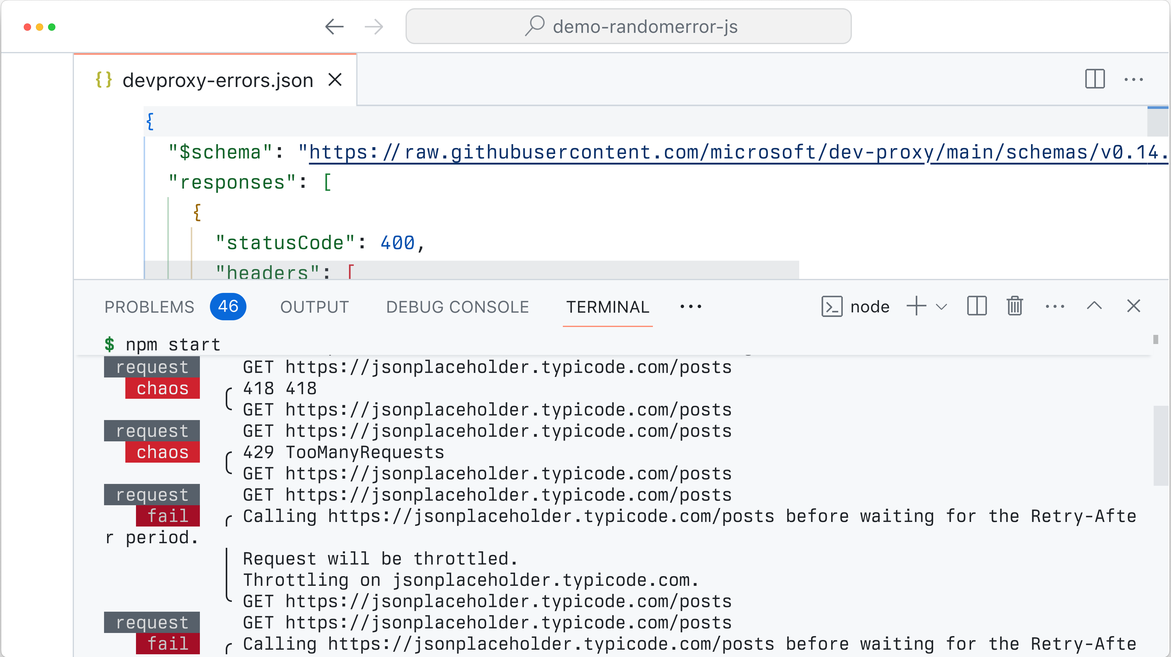 VS Code 屏幕截图,命令提示符窗口已打开,其中显示了 Dev Proxy 模拟的错误。