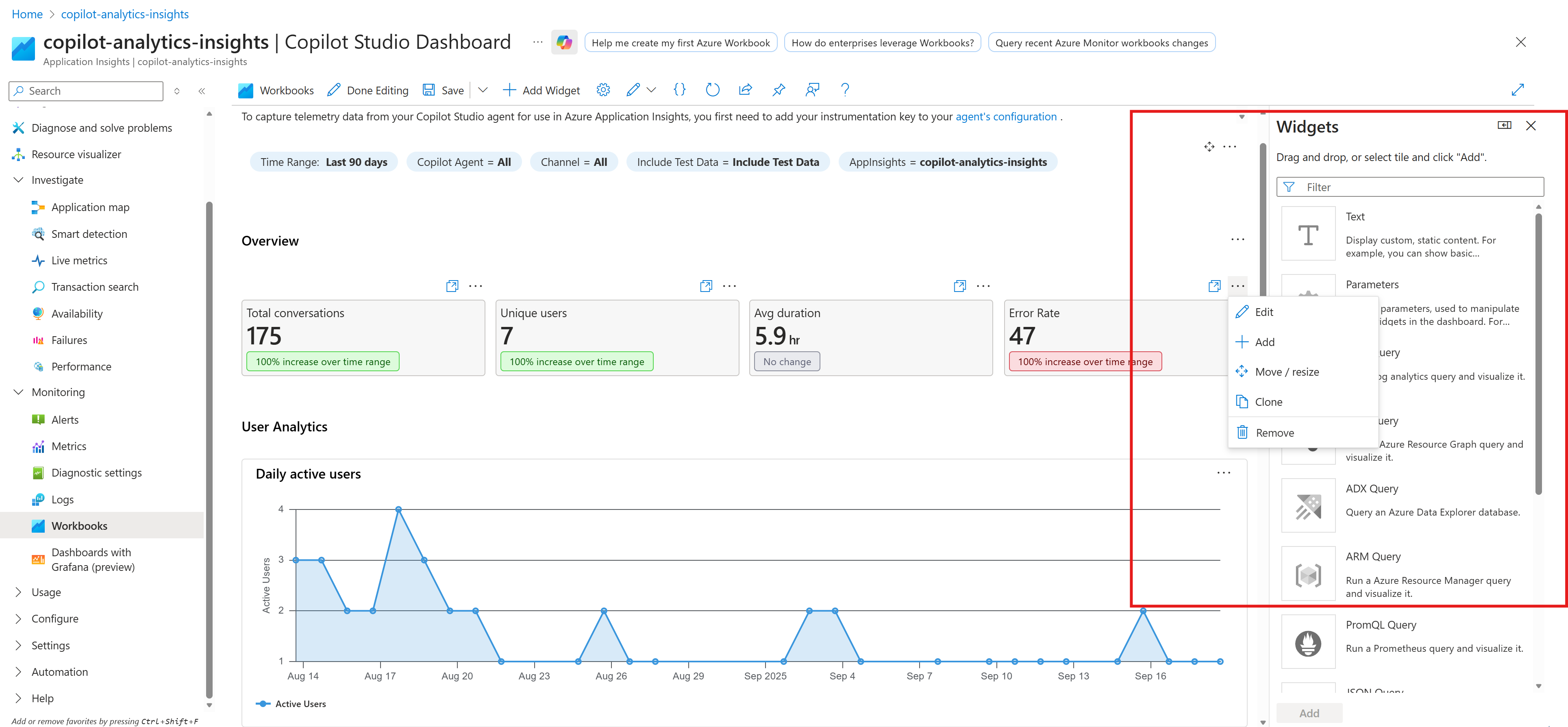 修改 Application Insights 工作簿中的元素的屏幕截图。