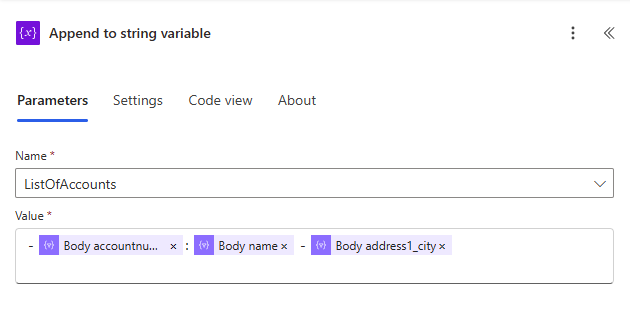“追加到字符串变量”操作属性截图。