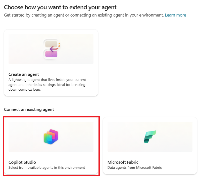 截图显示选择添加Copilot Studio代理选项