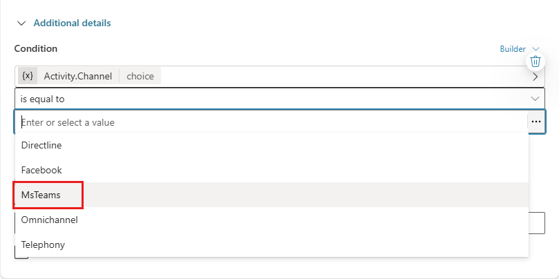 将子智能体范围限制到 Microsoft Teams 渠道的条件的屏幕截图。