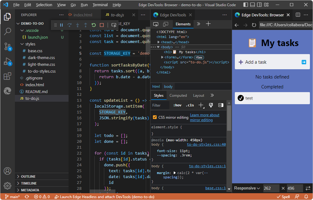 “检查”按钮将在 Visual Studio Code 内打开Microsoft Edge DevTools